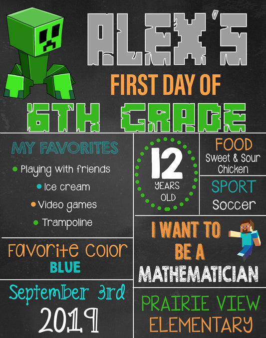 Minecraft First Day of School Sign