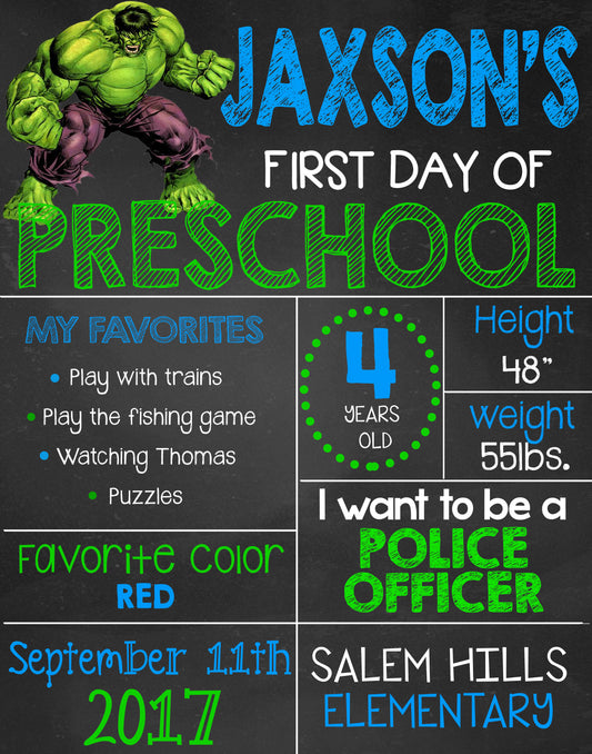 Hulk First Day of School Sign (Green / Blue)